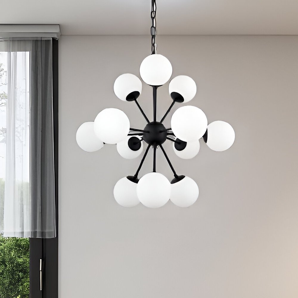 Black Sputnik Multi Light Frosted Metal and Glass Dimmable Chandelier With White Shades