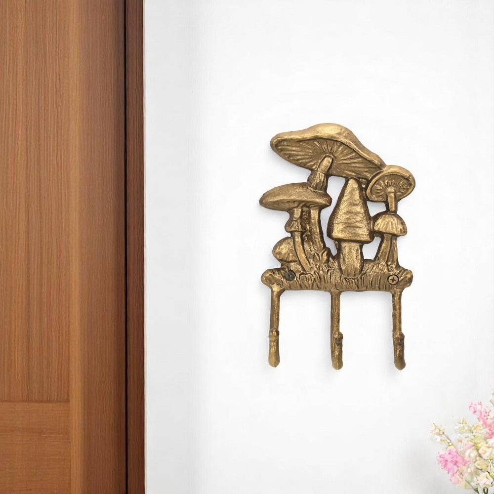 5" Antiqued Gold Cast Iron Mushroom Three Hook Wall Mount Coat Rack