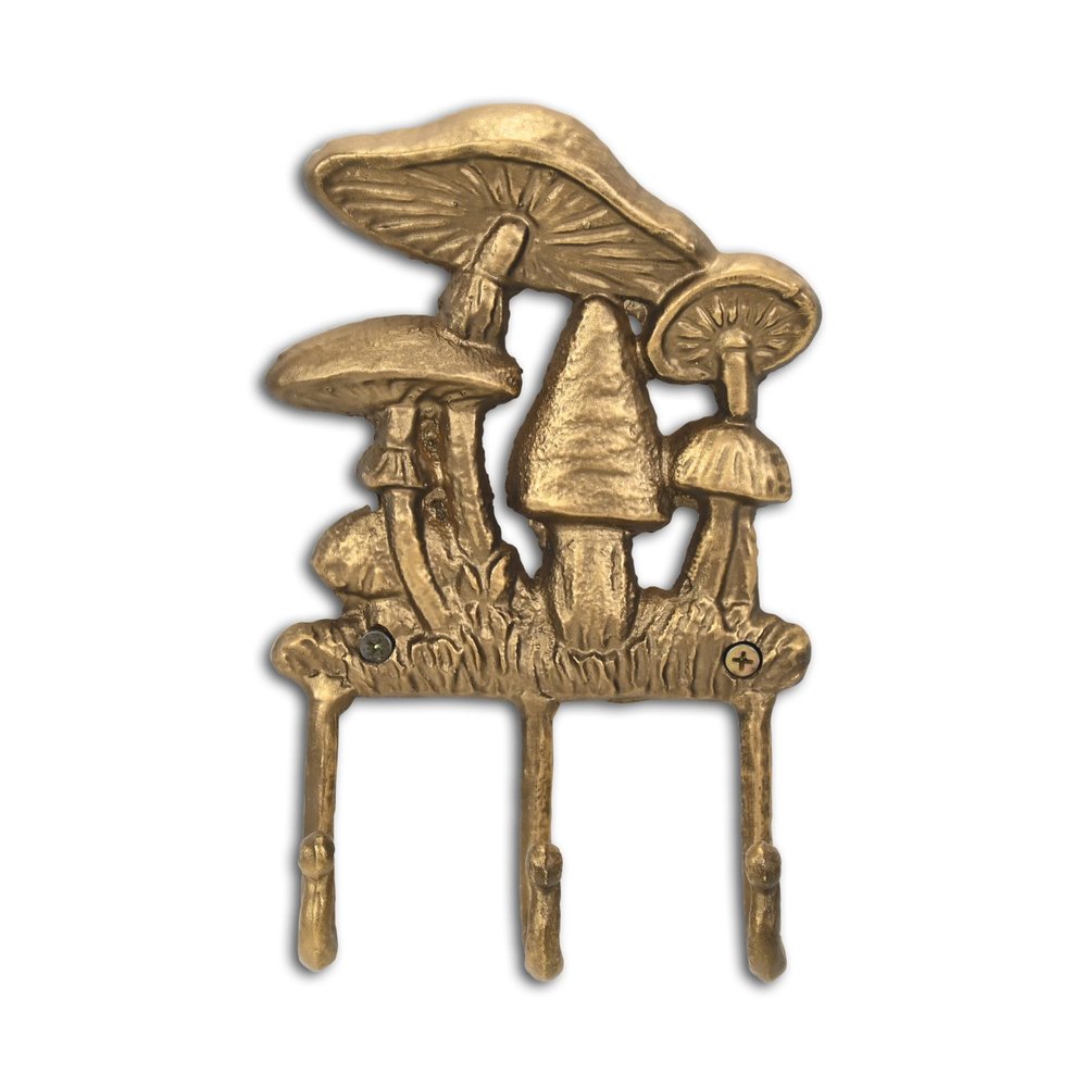 5" Antiqued Gold Cast Iron Mushroom Three Hook Wall Mount Coat Rack