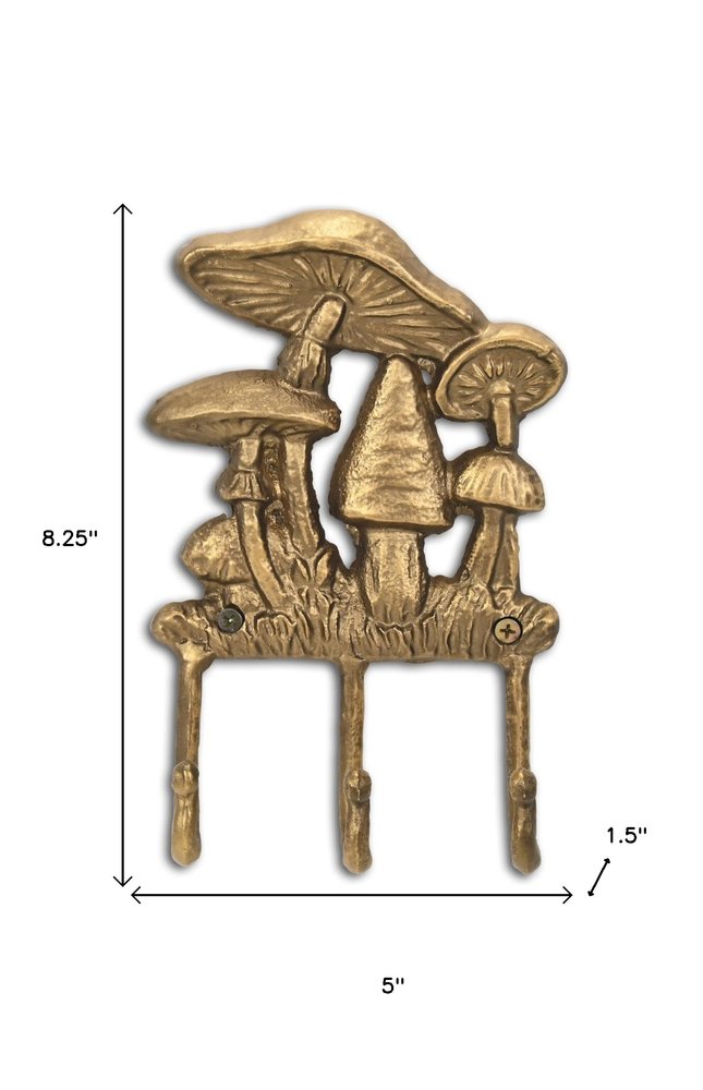 5" Antiqued Gold Cast Iron Mushroom Three Hook Wall Mount Coat Rack