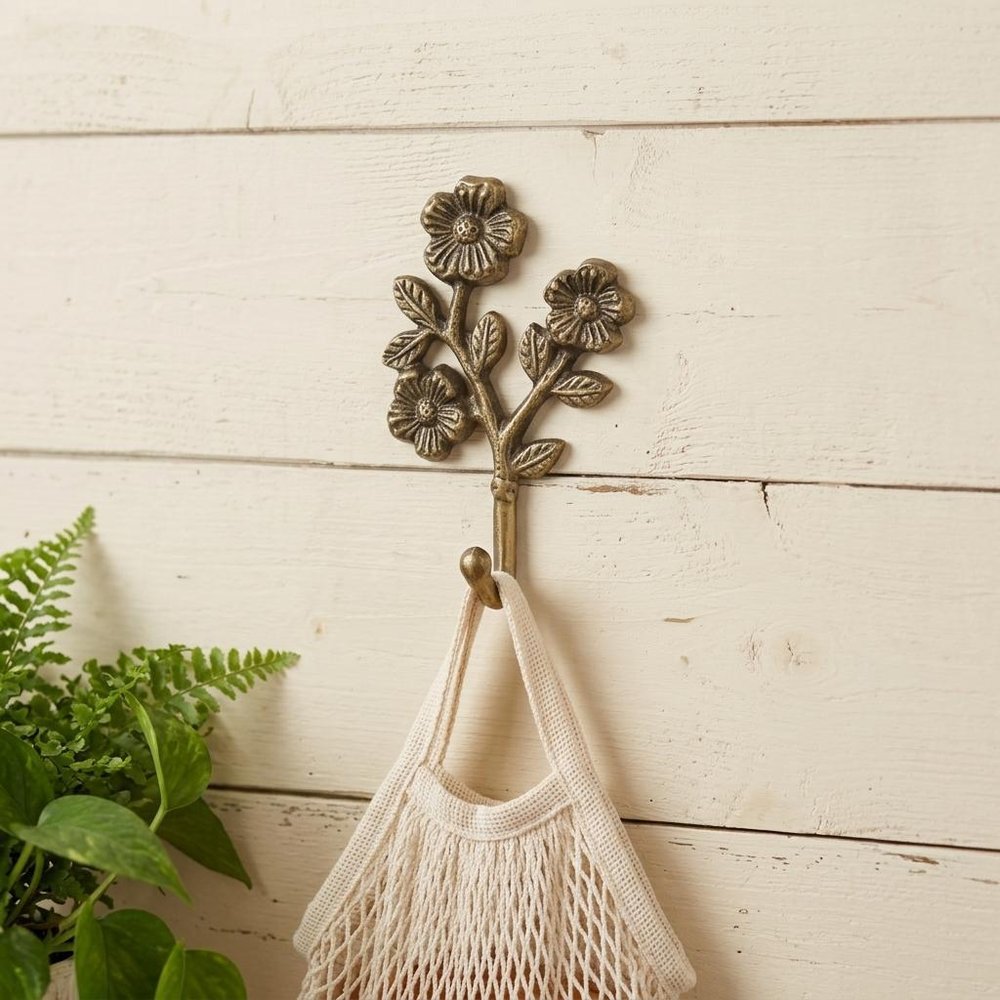 4" Antiqued Gold Cast Iron Flower Wall Hook