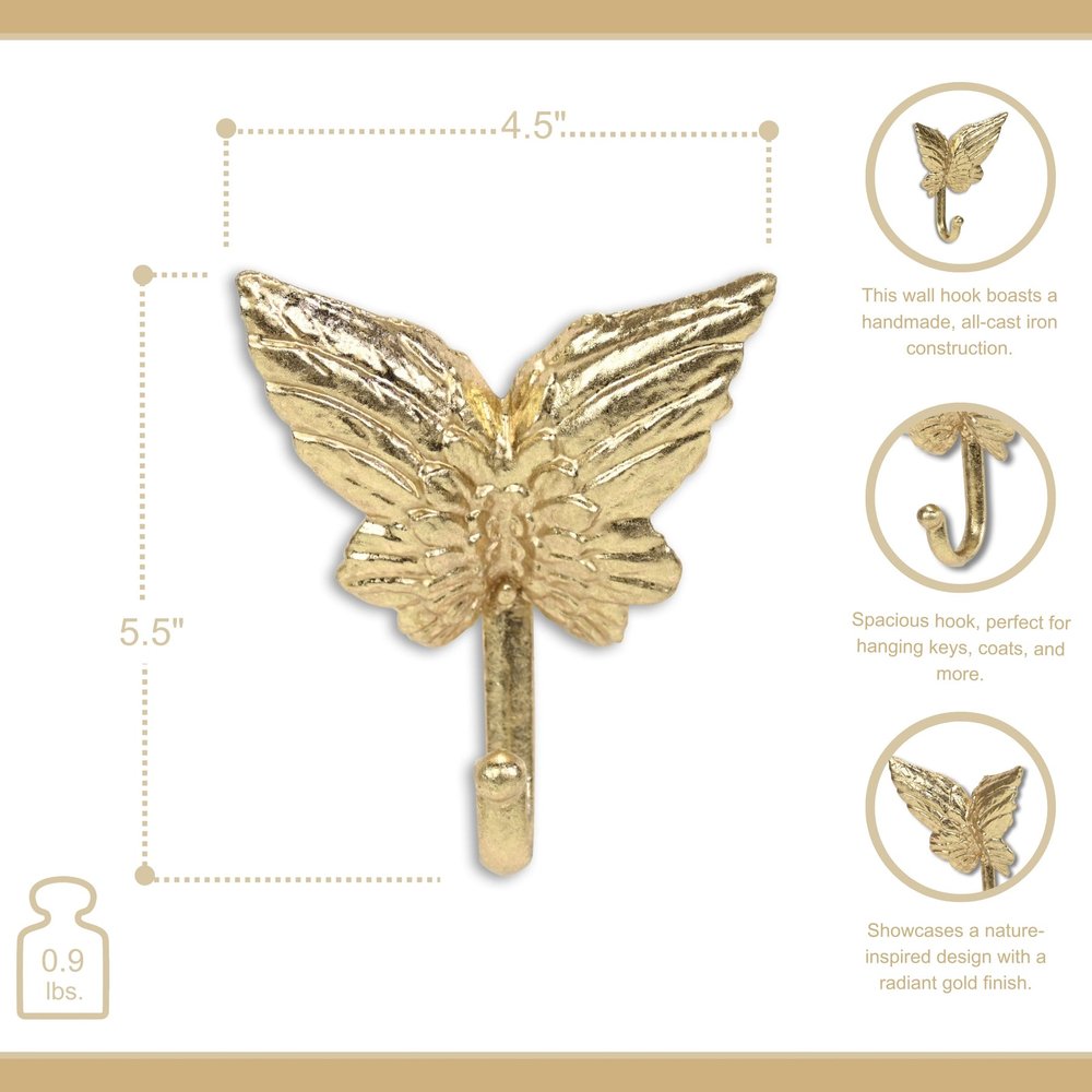 5" Gold Cast Iron Butterfly Wall Hook