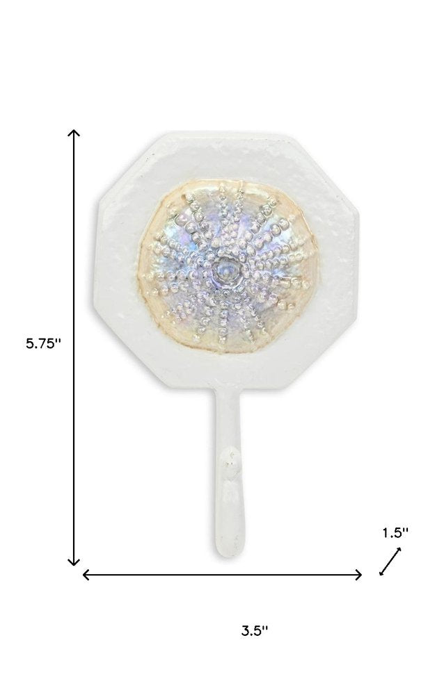 4" Pearl And White Cast Iron Sand Dollar Wall Hook