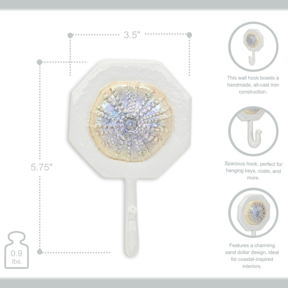 4" Pearl And White Cast Iron Sand Dollar Wall Hook