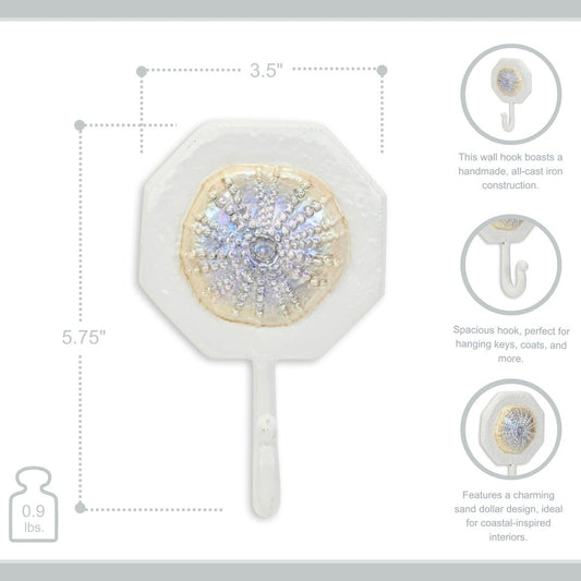 4" Pearl And White Cast Iron Sand Dollar Wall Hook