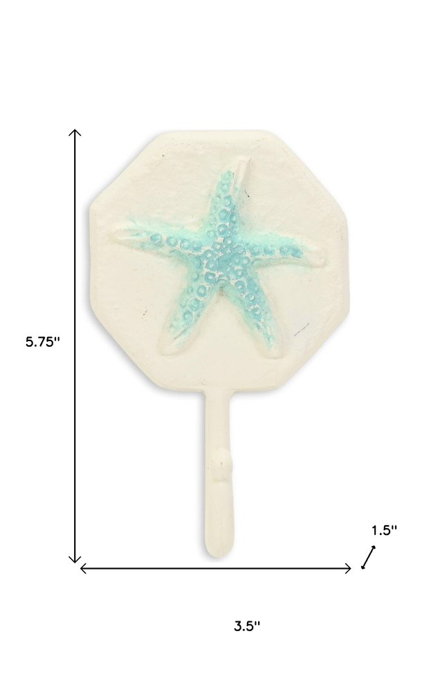4" Aqua And Cream Cast Iron Starfish Wall Hook