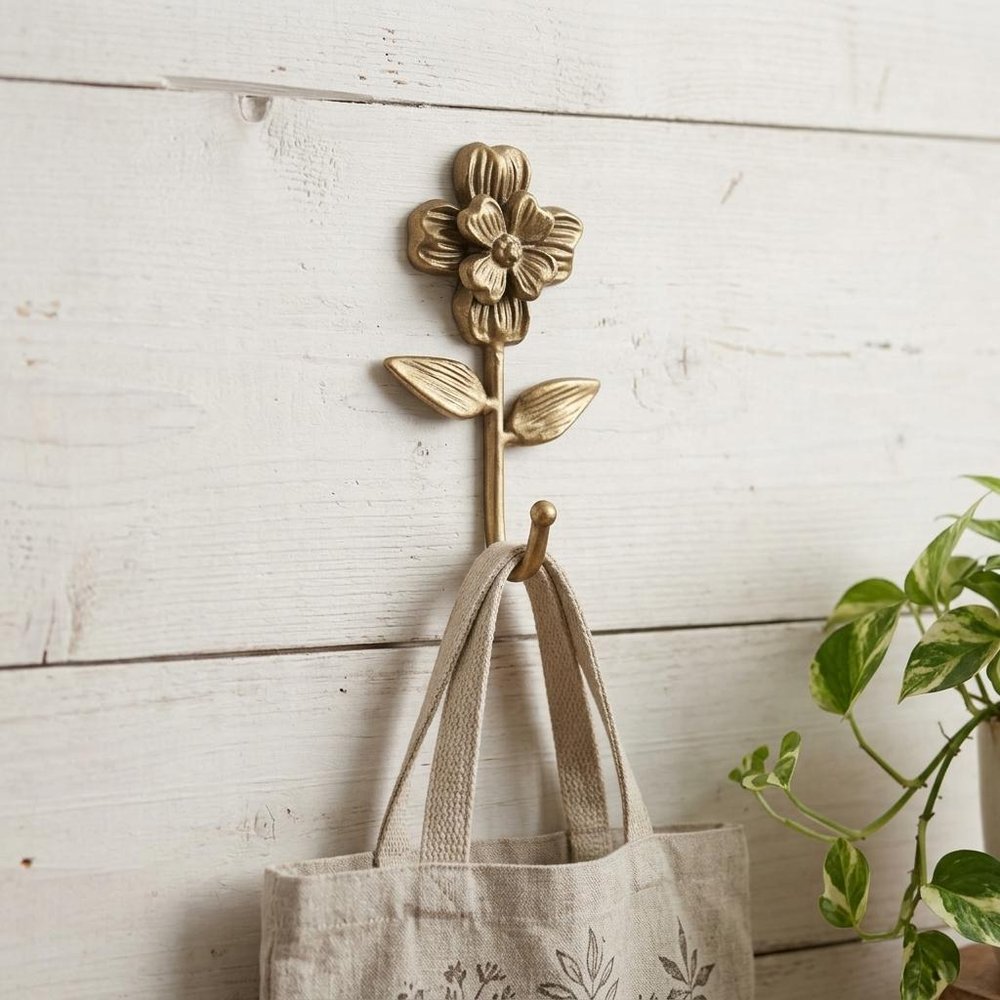 4" Antiqued Gold Cast Iron Flower Wall Hook