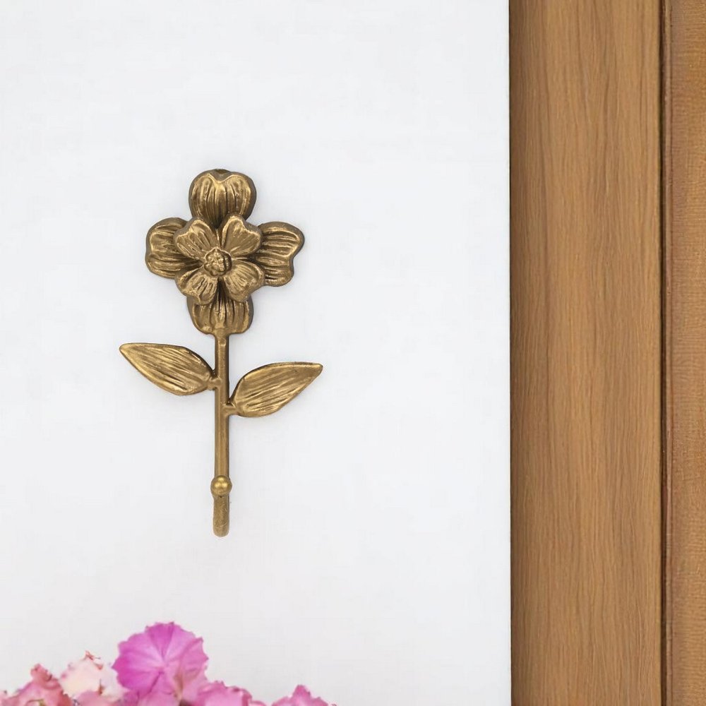 4" Antiqued Gold Cast Iron Flower Wall Hook