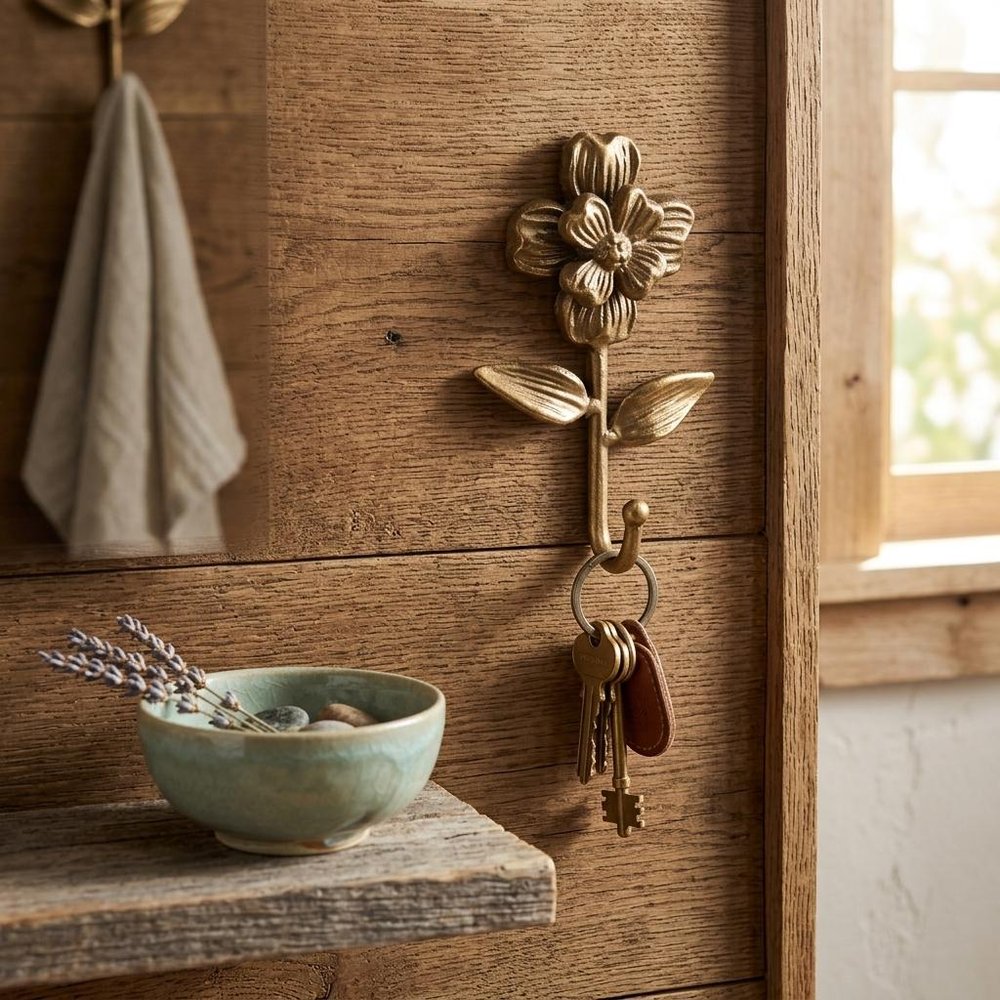 4" Antiqued Gold Cast Iron Flower Wall Hook