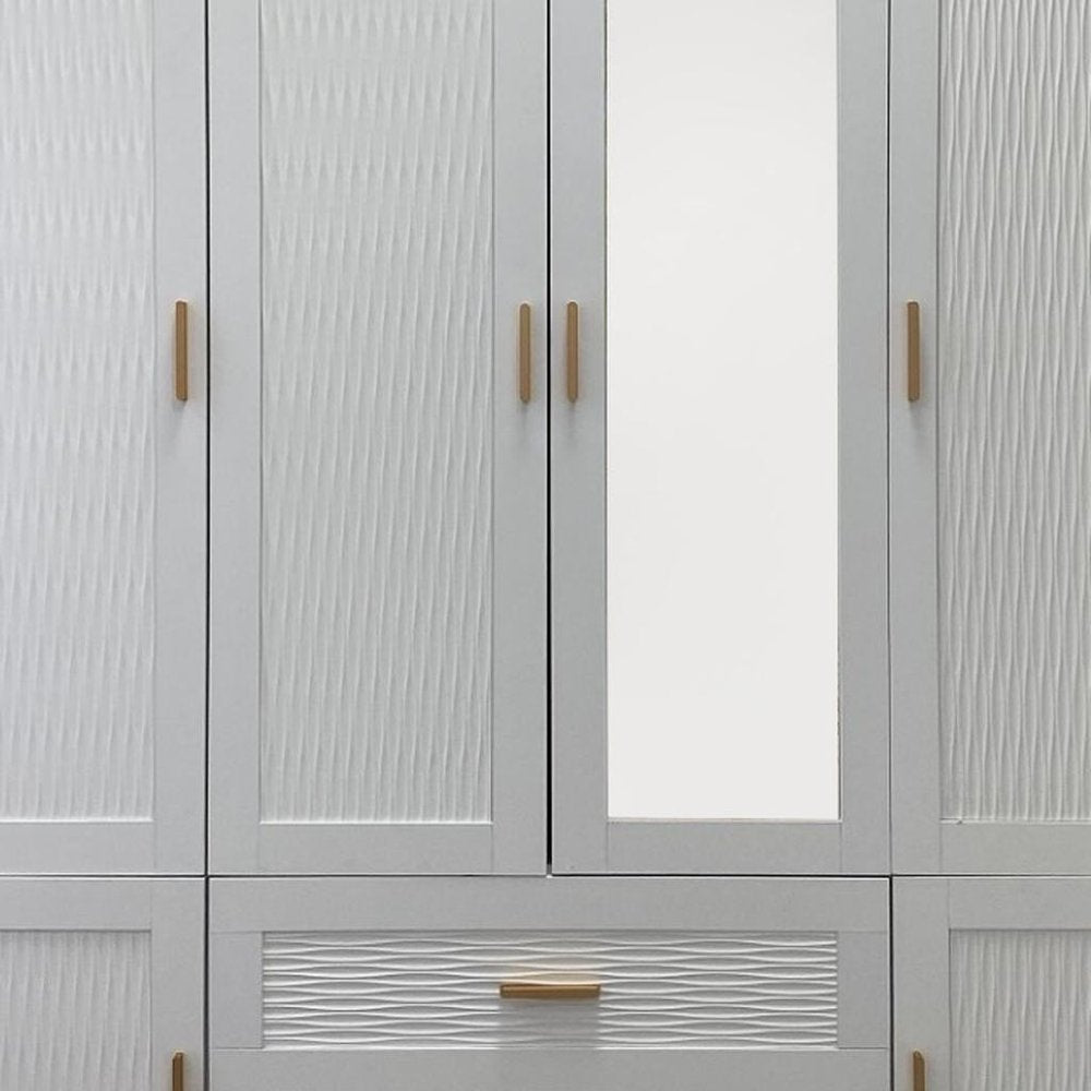 75" White Ribbed Texture Wood Mirrored Six Door Two Drawer Combo Dresser