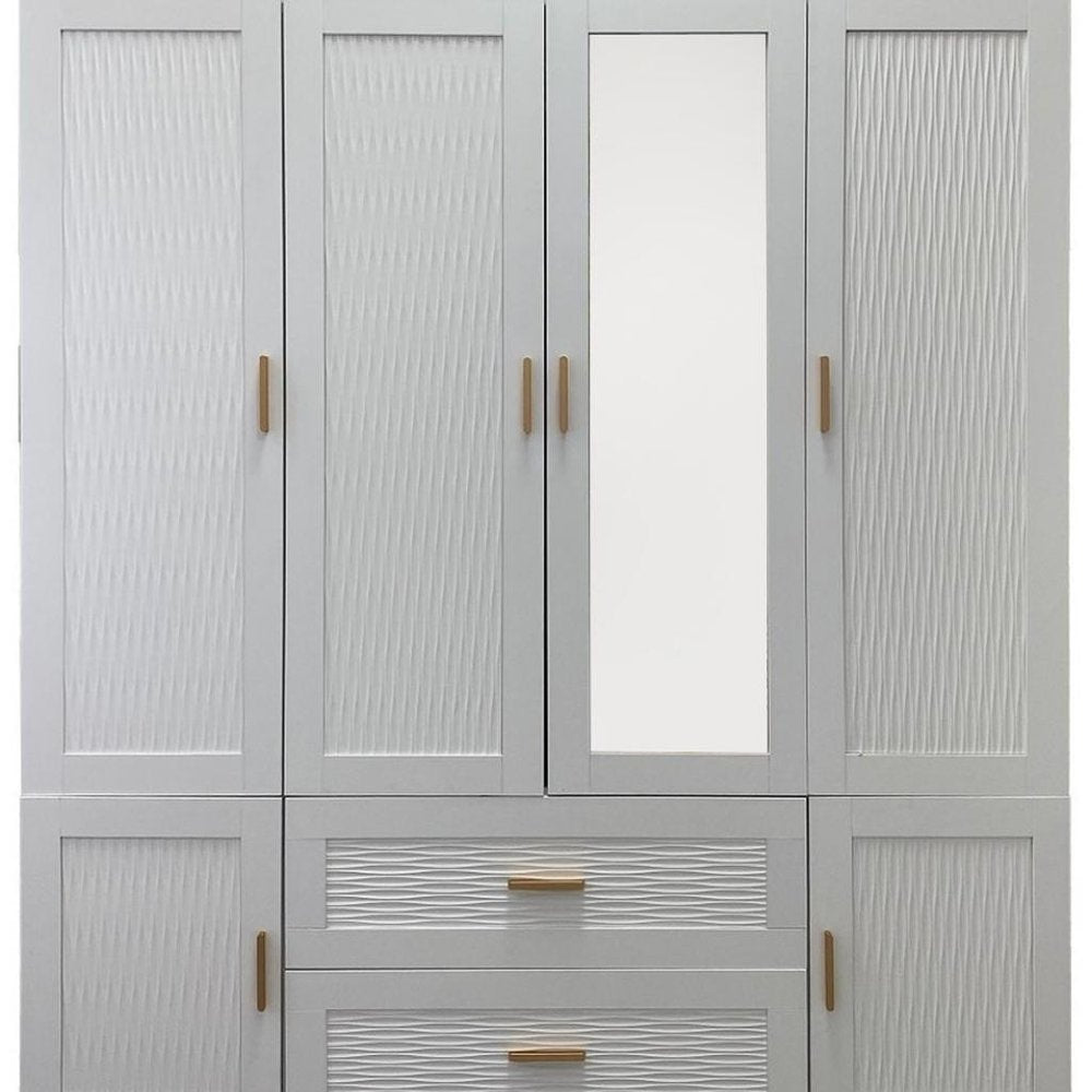 75" White Ribbed Texture Wood Mirrored Six Door Two Drawer Combo Dresser