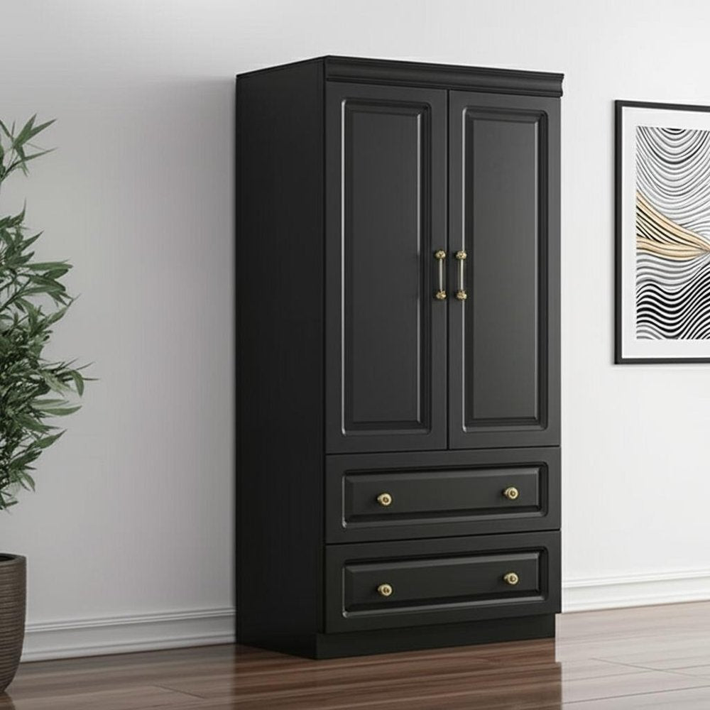 71" Black Wood Two Door Two Drawer Combo Dresser