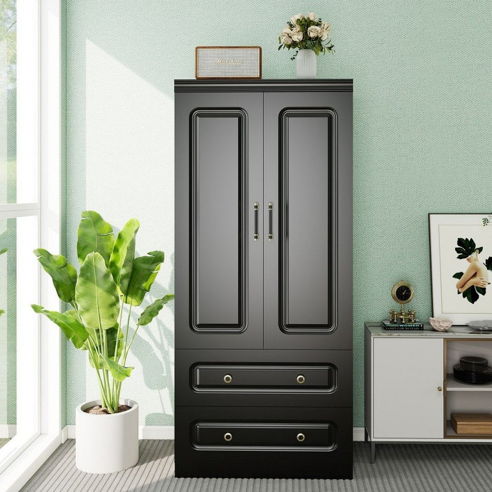 71" Black Wood Two Door Two Drawer Combo Dresser