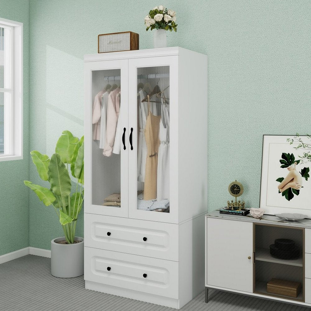 71" White Wood Two Door Two Drawer Combo Dresser