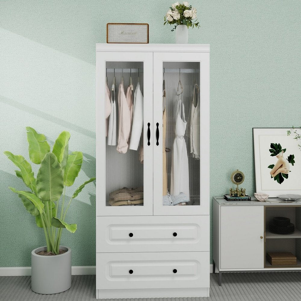 71" White Wood Two Door Two Drawer Combo Dresser