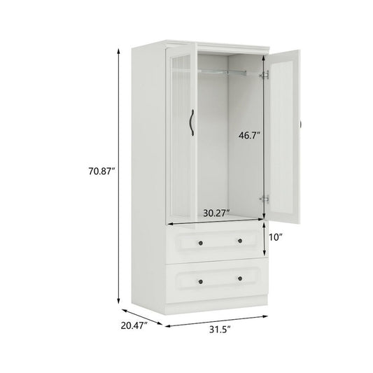 71" White Wood Two Door Two Drawer Combo Dresser