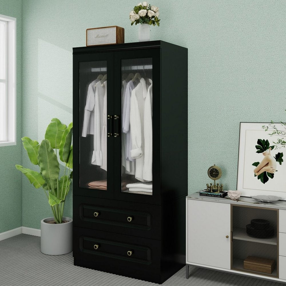 71" Black Wood Two Door Two Drawer Combo Dresser