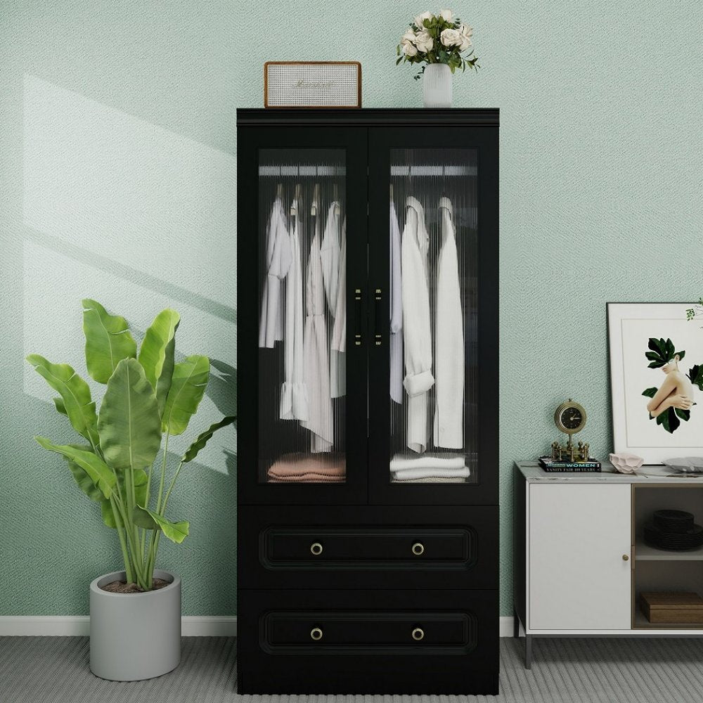 71" Black Wood Two Door Two Drawer Combo Dresser