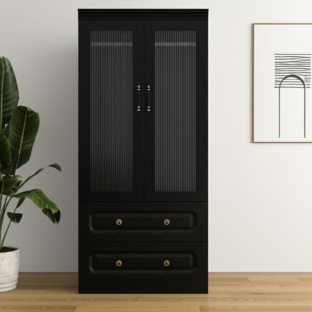 71" Black Wood Two Door Two Drawer Combo Dresser