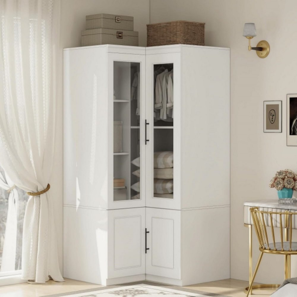 71" White Wood Four Door Corner Combo Dresser