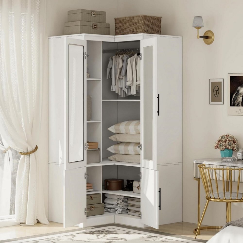 71" White Wood Four Door Corner Combo Dresser