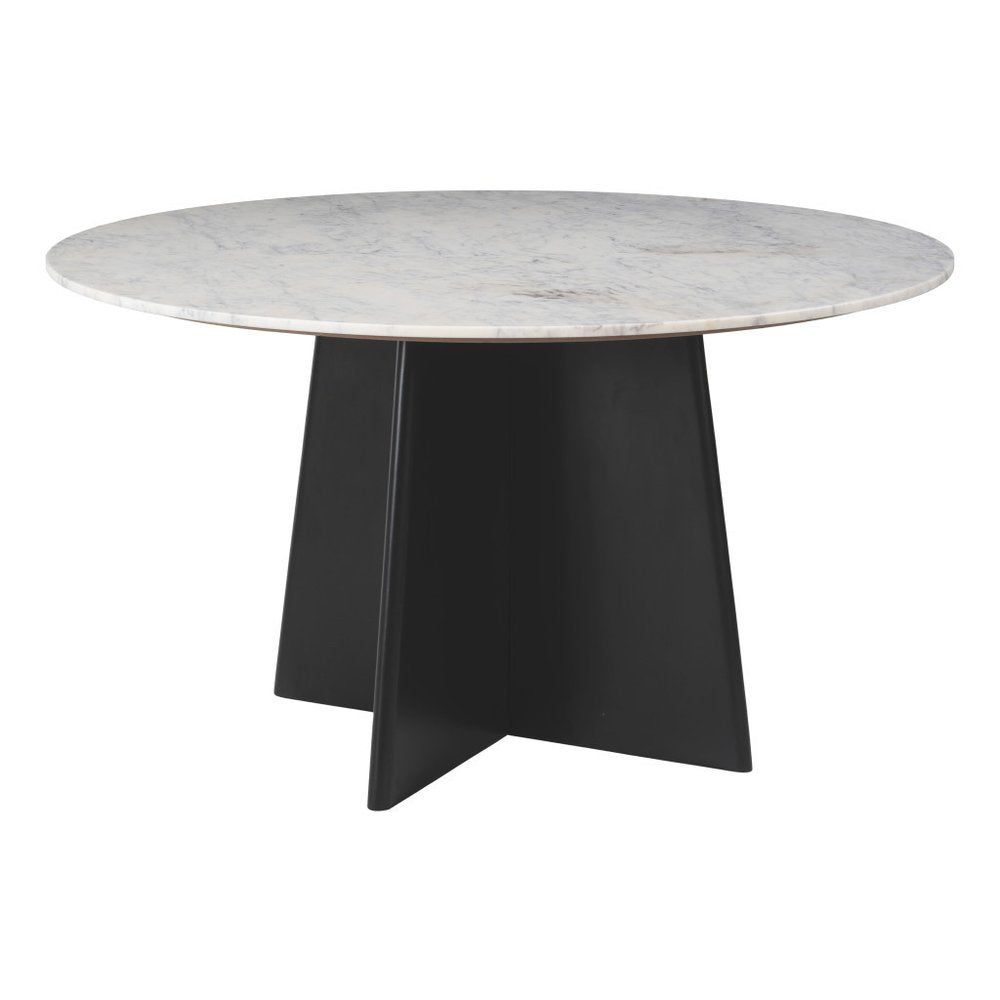 51" White and Black Marble and Wood Pedestal Base Round Top Dining Table