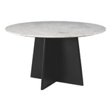 51" White and Black Marble and Wood Pedestal Base Round Top Dining Table