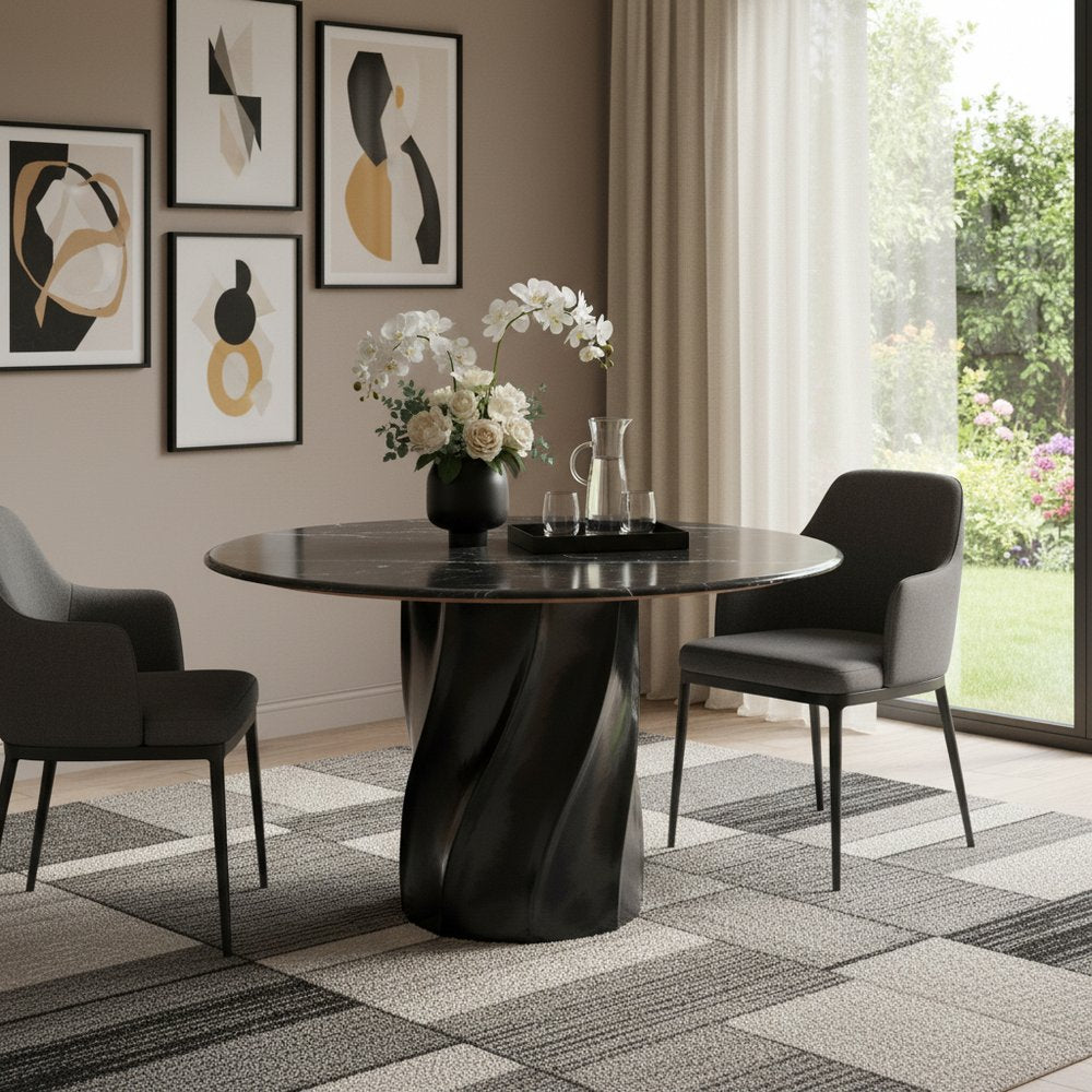 48" Black Marble and Wood Pedestal Base Round Top Dining Table