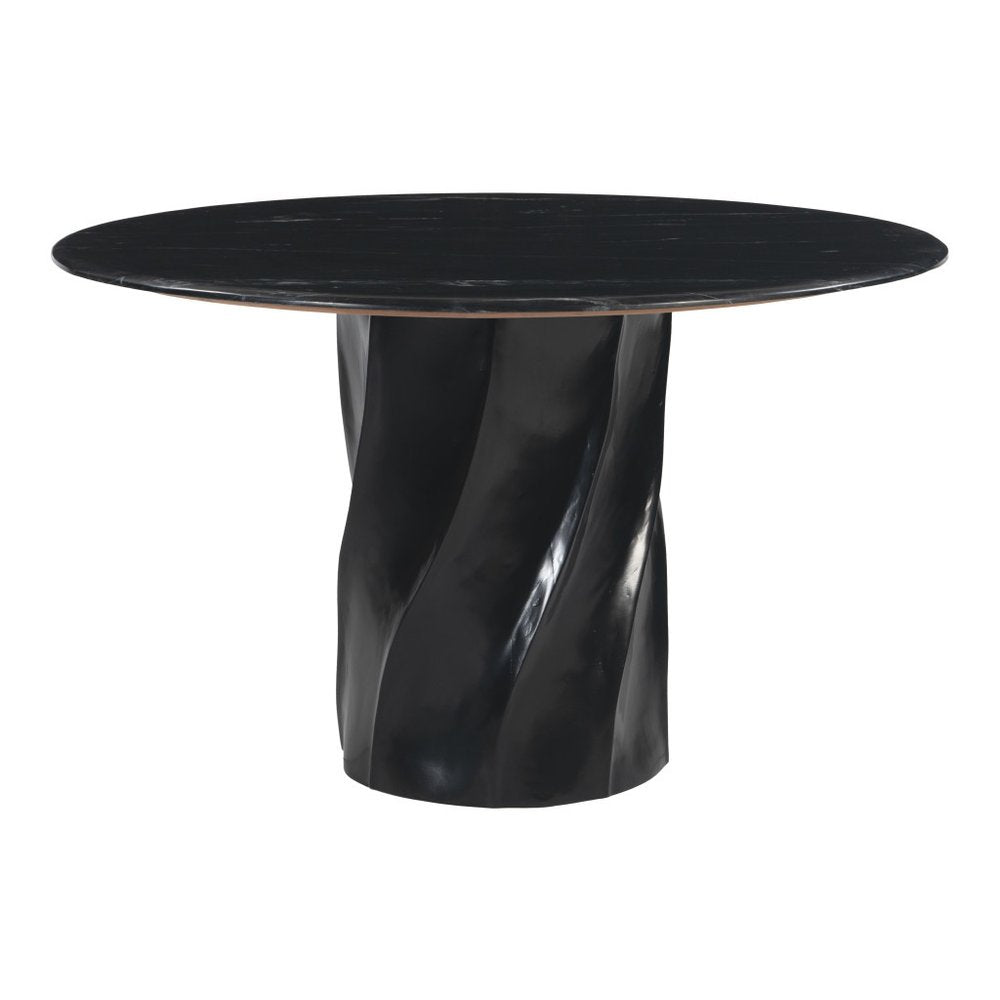 48" Black Marble and Wood Pedestal Base Round Top Dining Table