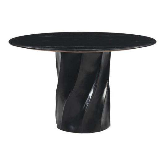48" Black Marble and Wood Pedestal Base Round Top Dining Table