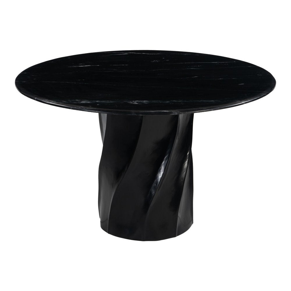 48" Black Marble and Wood Pedestal Base Round Top Dining Table