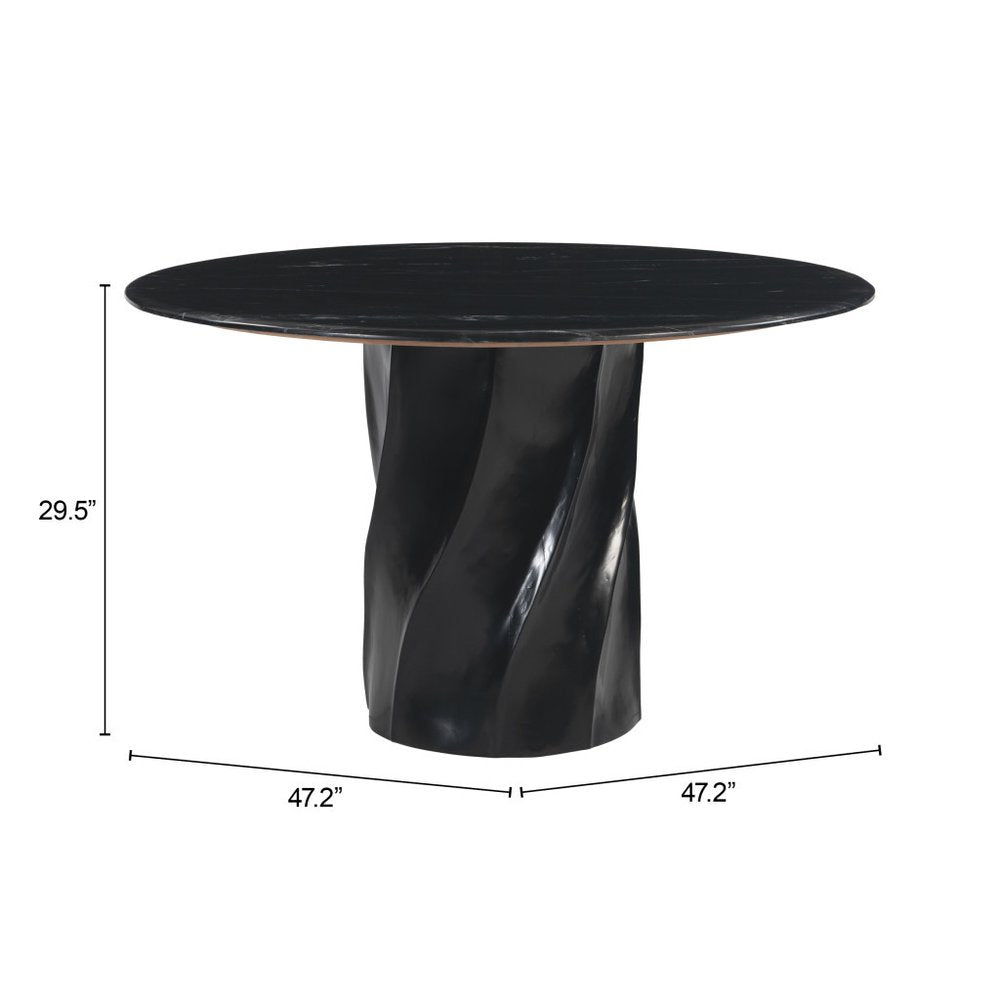 48" Black Marble and Wood Pedestal Base Round Top Dining Table