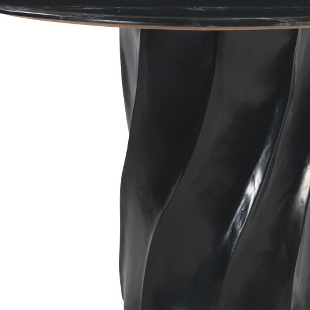 48" Black Marble and Wood Pedestal Base Round Top Dining Table