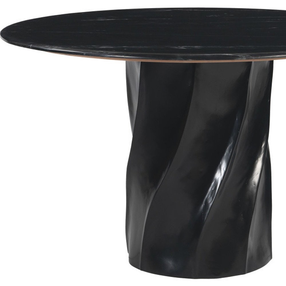 48" Black Marble and Wood Pedestal Base Round Top Dining Table