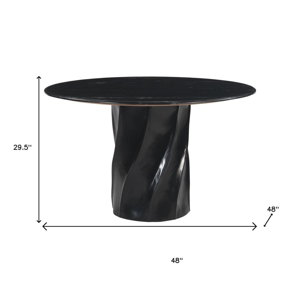 48" Black Marble and Wood Pedestal Base Round Top Dining Table