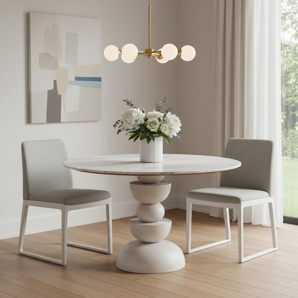 51" White Marble and Wood Pedestal Base Round Top Dining Table