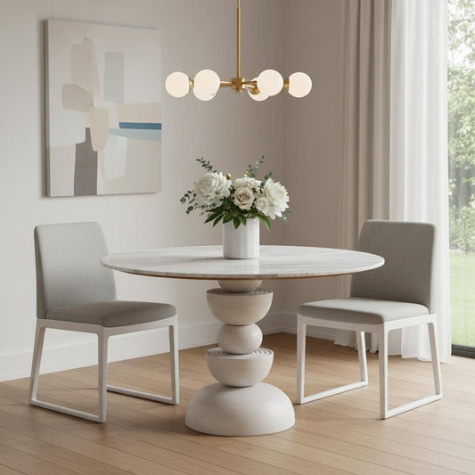 51" White Marble and Wood Pedestal Base Round Top Dining Table