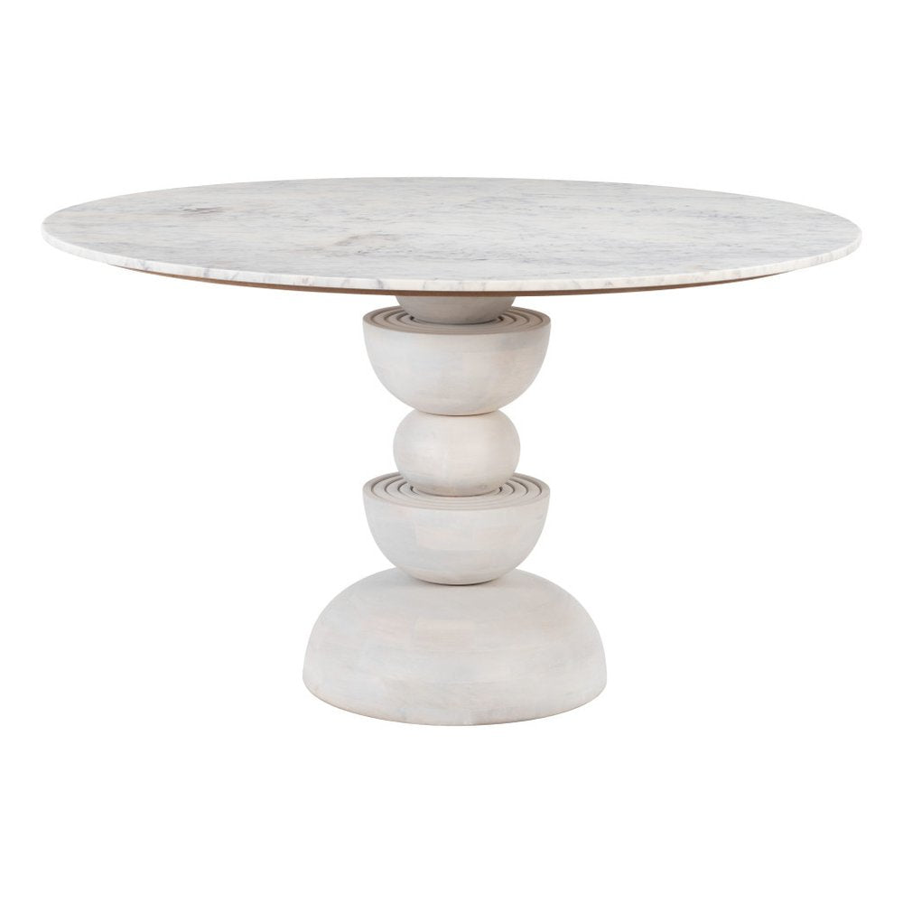 51" White Marble and Wood Pedestal Base Round Top Dining Table