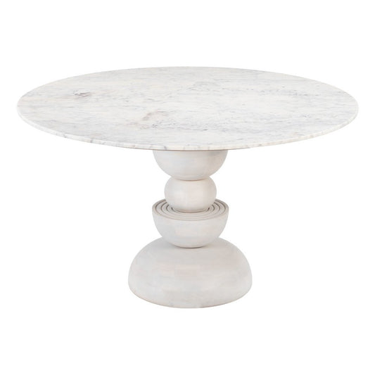 51" White Marble and Wood Pedestal Base Round Top Dining Table