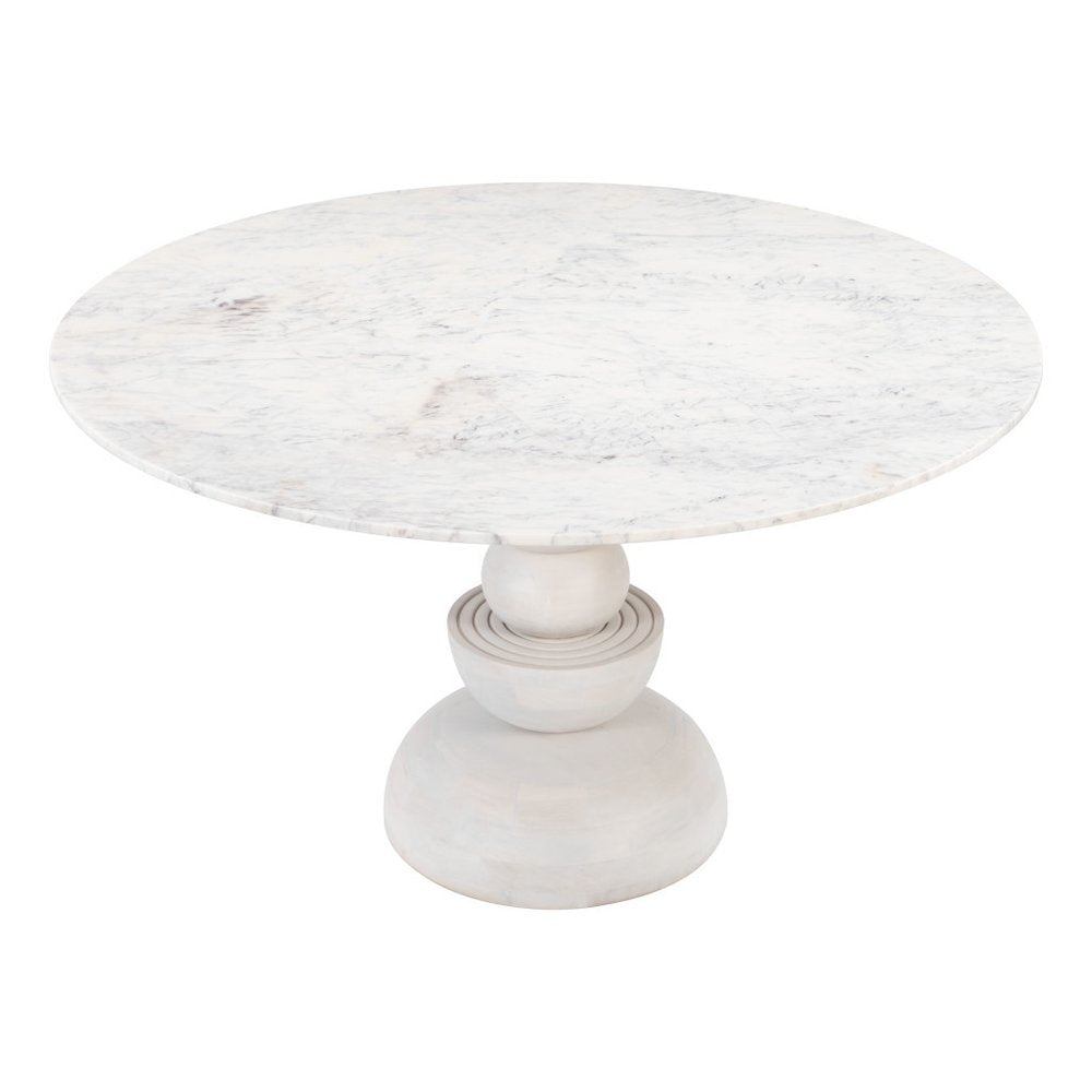51" White Marble and Wood Pedestal Base Round Top Dining Table