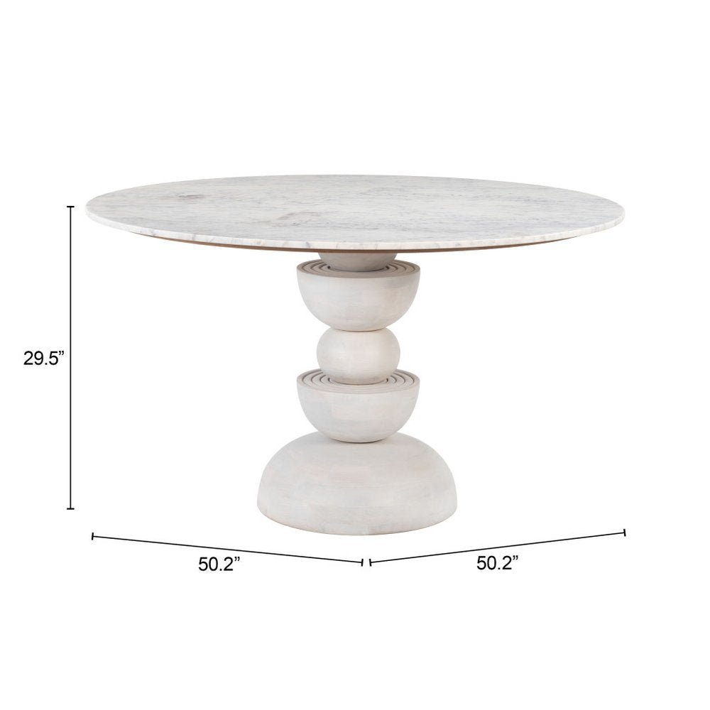 51" White Marble and Wood Pedestal Base Round Top Dining Table