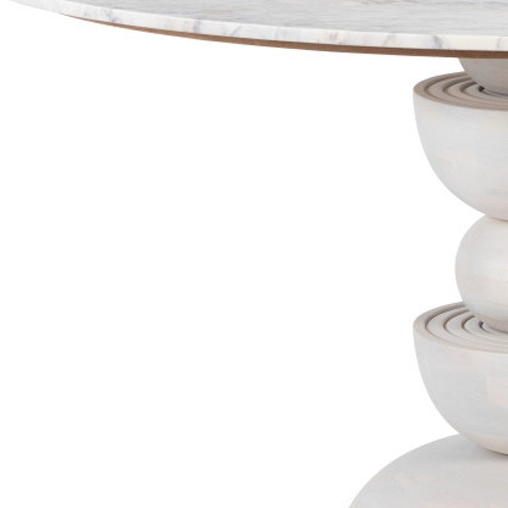 51" White Marble and Wood Pedestal Base Round Top Dining Table