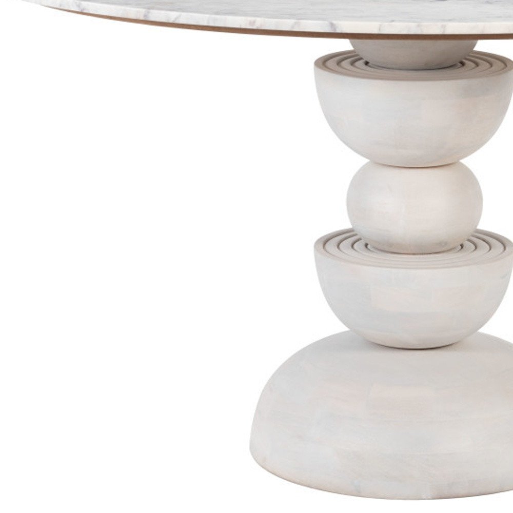 51" White Marble and Wood Pedestal Base Round Top Dining Table