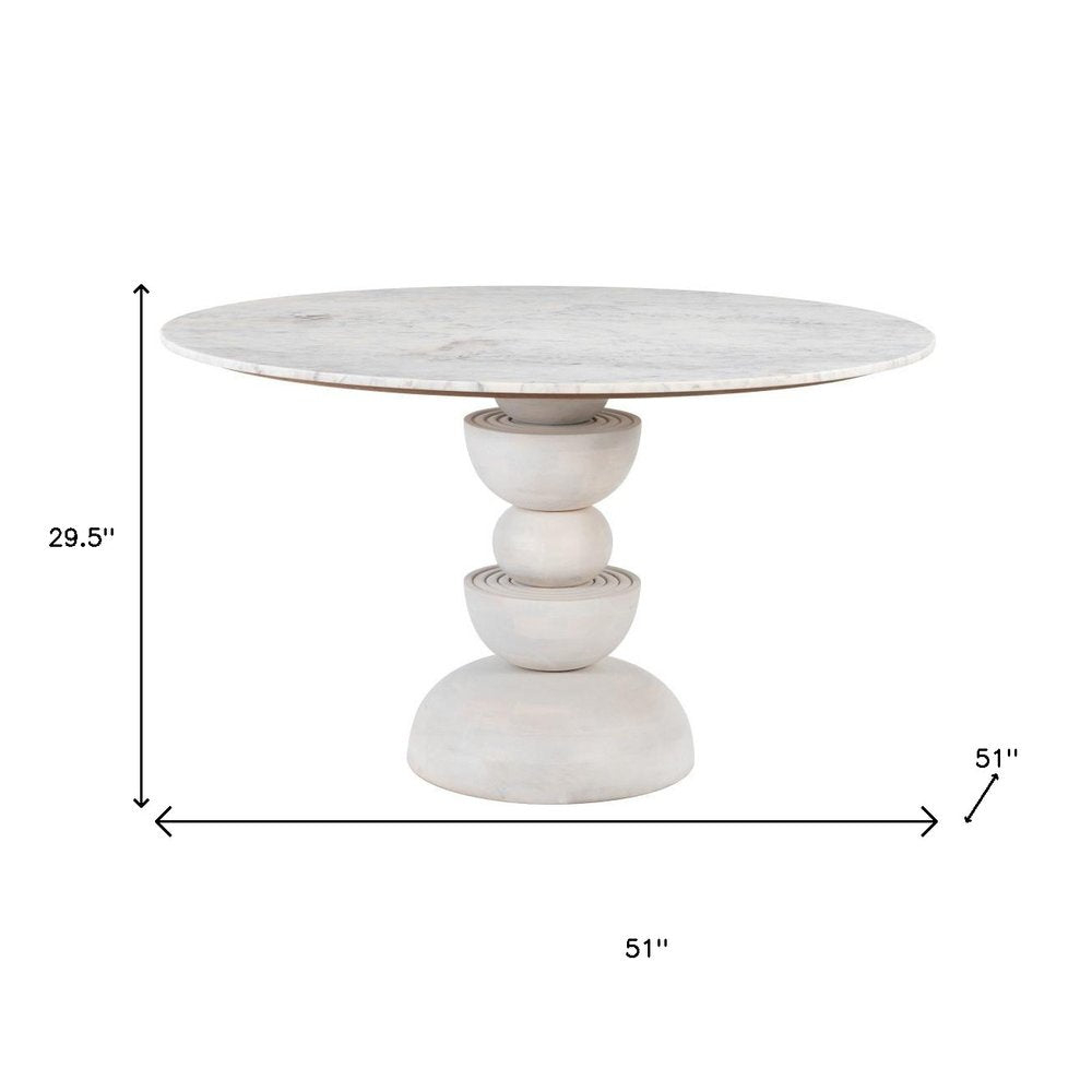 51" White Marble and Wood Pedestal Base Round Top Dining Table