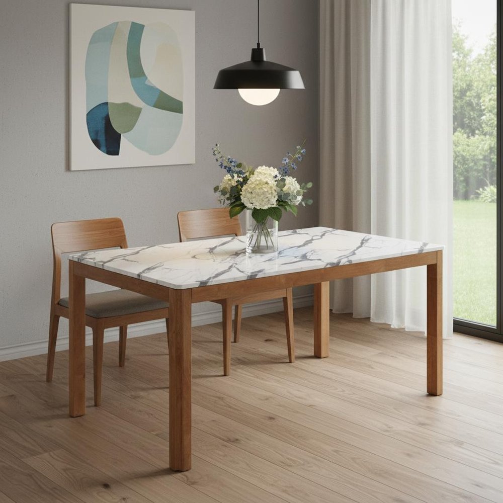 63" White Wood and Solid Wood Dining Table