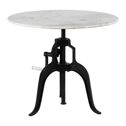 Adjustable Height White Marble and Wood Pedestal Base Round Top Dining Table