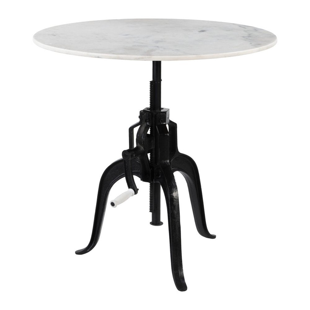 Adjustable Height White Marble and Wood Pedestal Base Round Top Dining Table