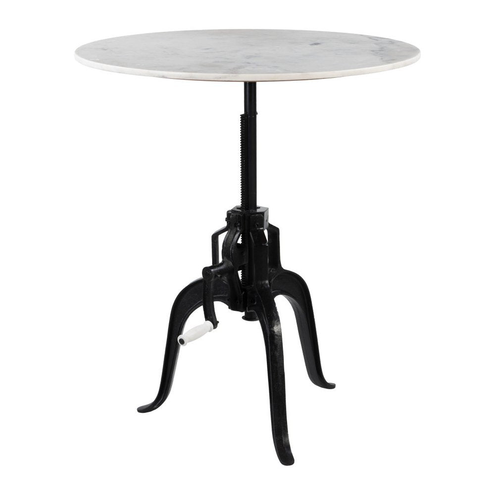 Adjustable Height White Marble and Wood Pedestal Base Round Top Dining Table