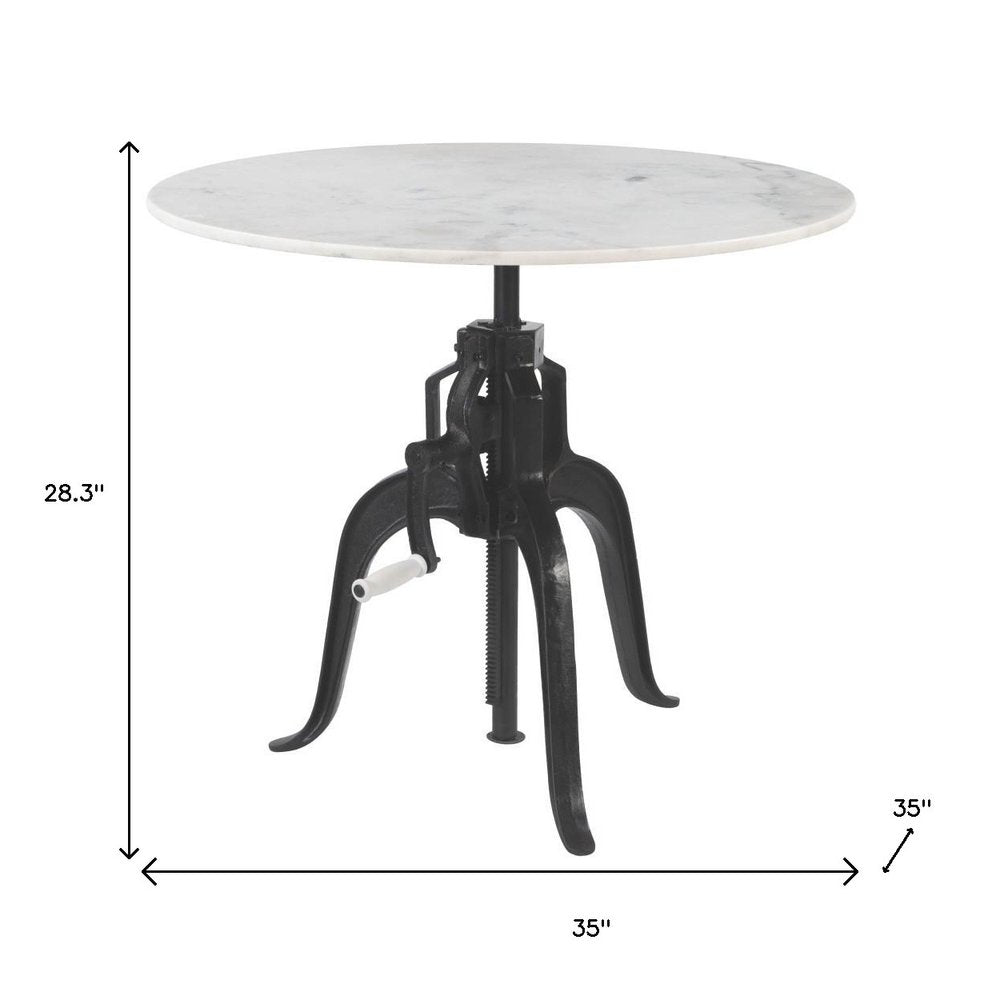 Adjustable Height White Marble and Wood Pedestal Base Round Top Dining Table