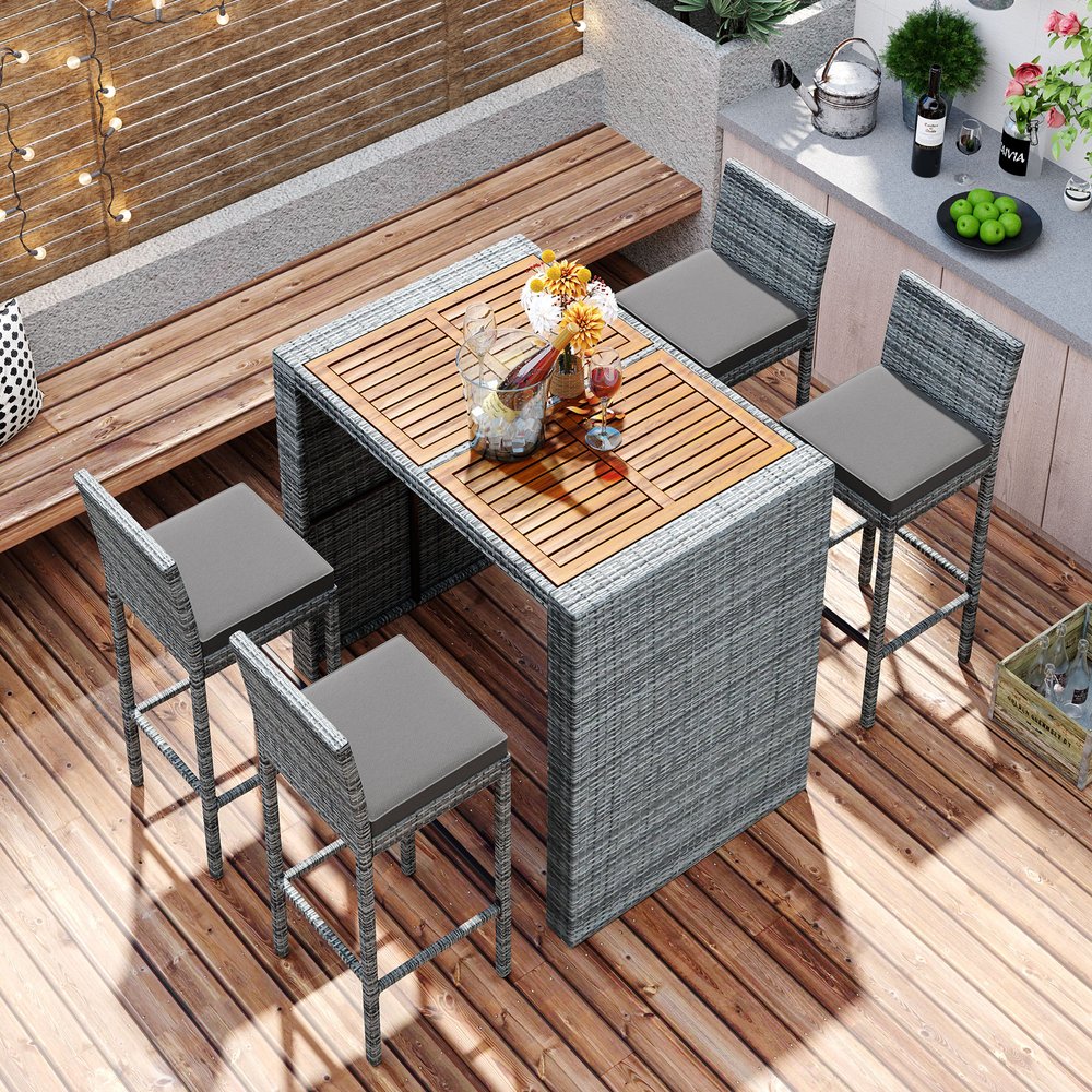 Five Piece Brown and Gray Solid Wood Dining Set with Four Chairs